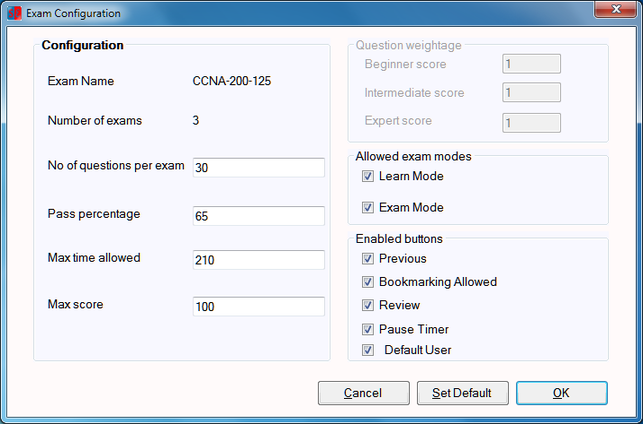 Exam Configuration screen 2