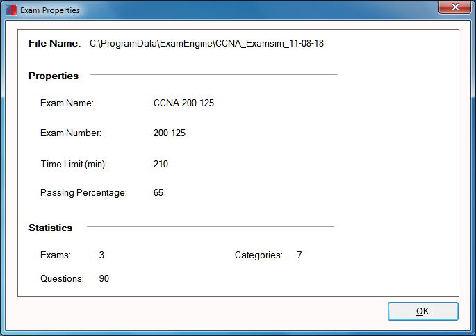 Exam Properties screen 2