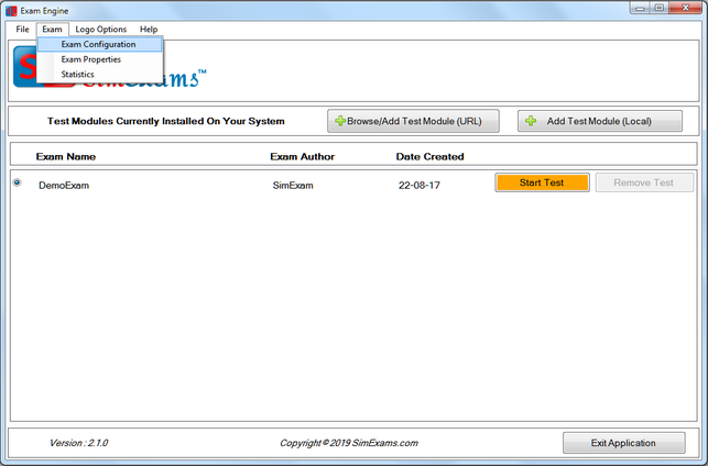 Exam Configuration screen 1