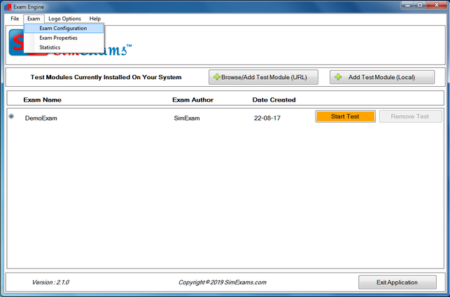 Exam Properties screen 1