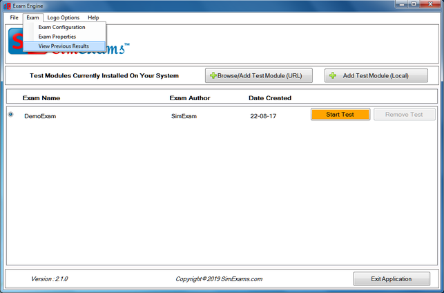 View Previous Results screen 1