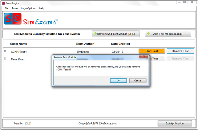 Remove Test Module screen 2