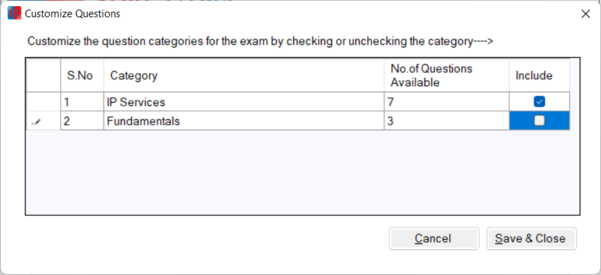 Customize Questions screen 3