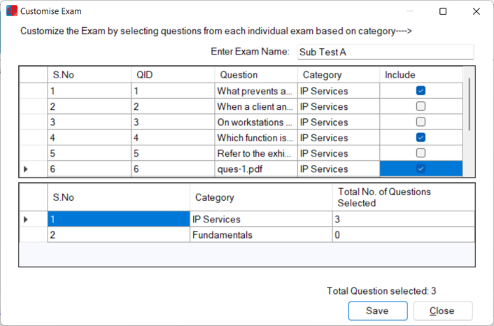 Customize Questions screen 3