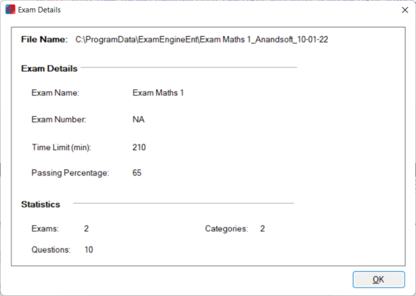 Exam Properties screen 2