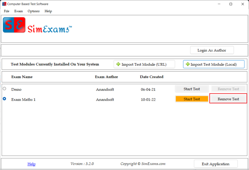 Remove Test Module screen 1